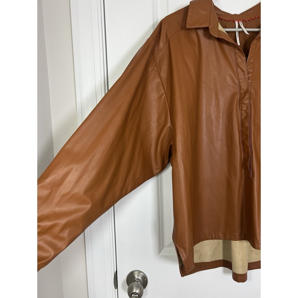 Anthropologie‎ Faux Leather Oversized Button Down Shirt Size Large Cedar Brown - Picture 2 of 7